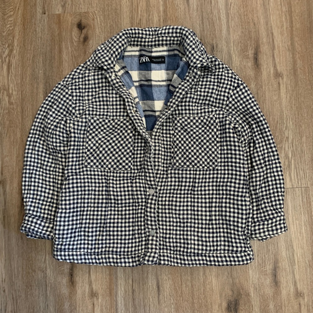 Zara gingham plaid gauzy puffy jacket in gray - size medium womens